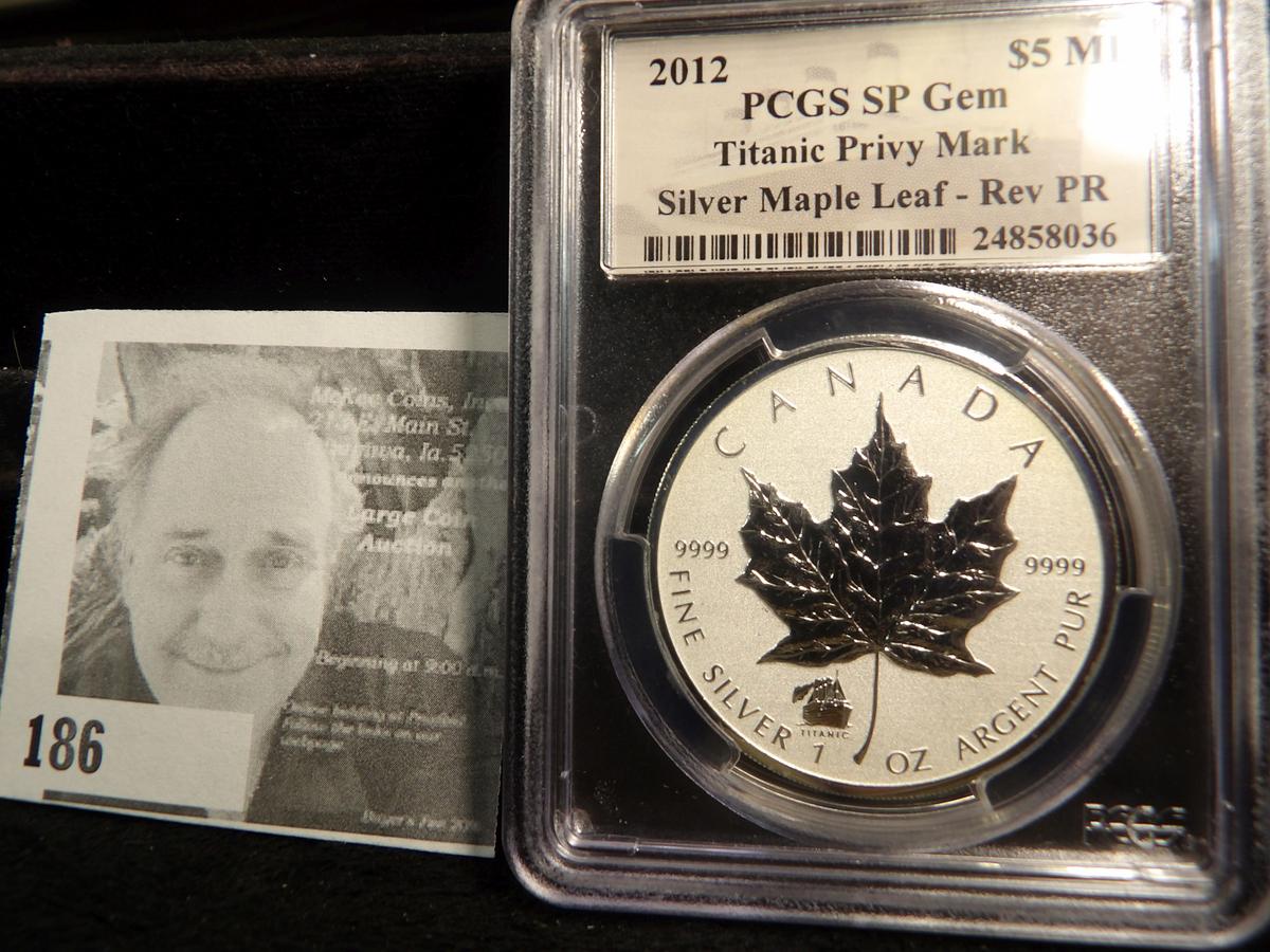 2012 slabbed PCGS SP Gem $5 ML Titanic Privy Mark Silver Maple Leaf - Rev PR (One ounce .999 fine si