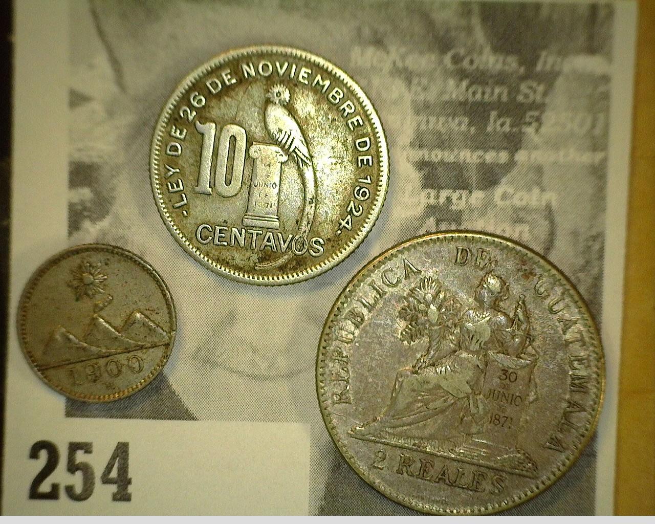 Guatemala: 1900H 1/4 Real, EF; 1924 Ten Centavos VF; & 1898 Two Reales, EF.