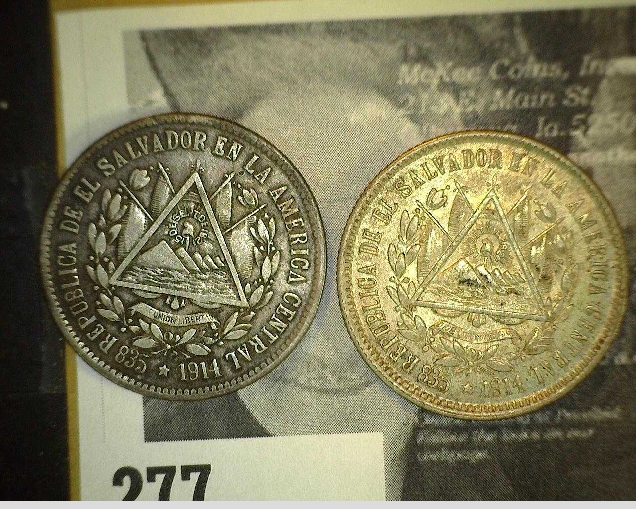 (2) 1914 El Salvador Twenty-five Centavos Silver Coins. EF & Uncirculated. Both from the personal co