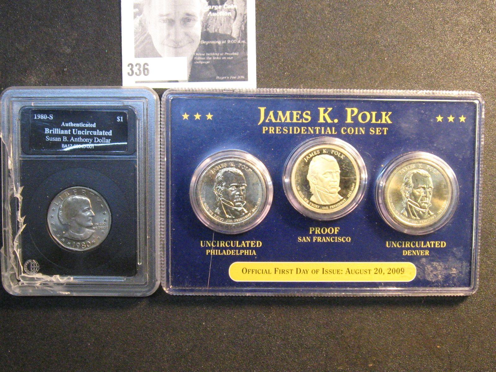 1980S Susan B. Anthony Dollar Unc. & 2009 P,D,S James K. Polk Dollar Set BU & Proof.