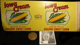 Original Label for IOWA CREAM BRAND CREAM STYLE GOLDEN SWEET CORN, packed by Center Point Canning Co