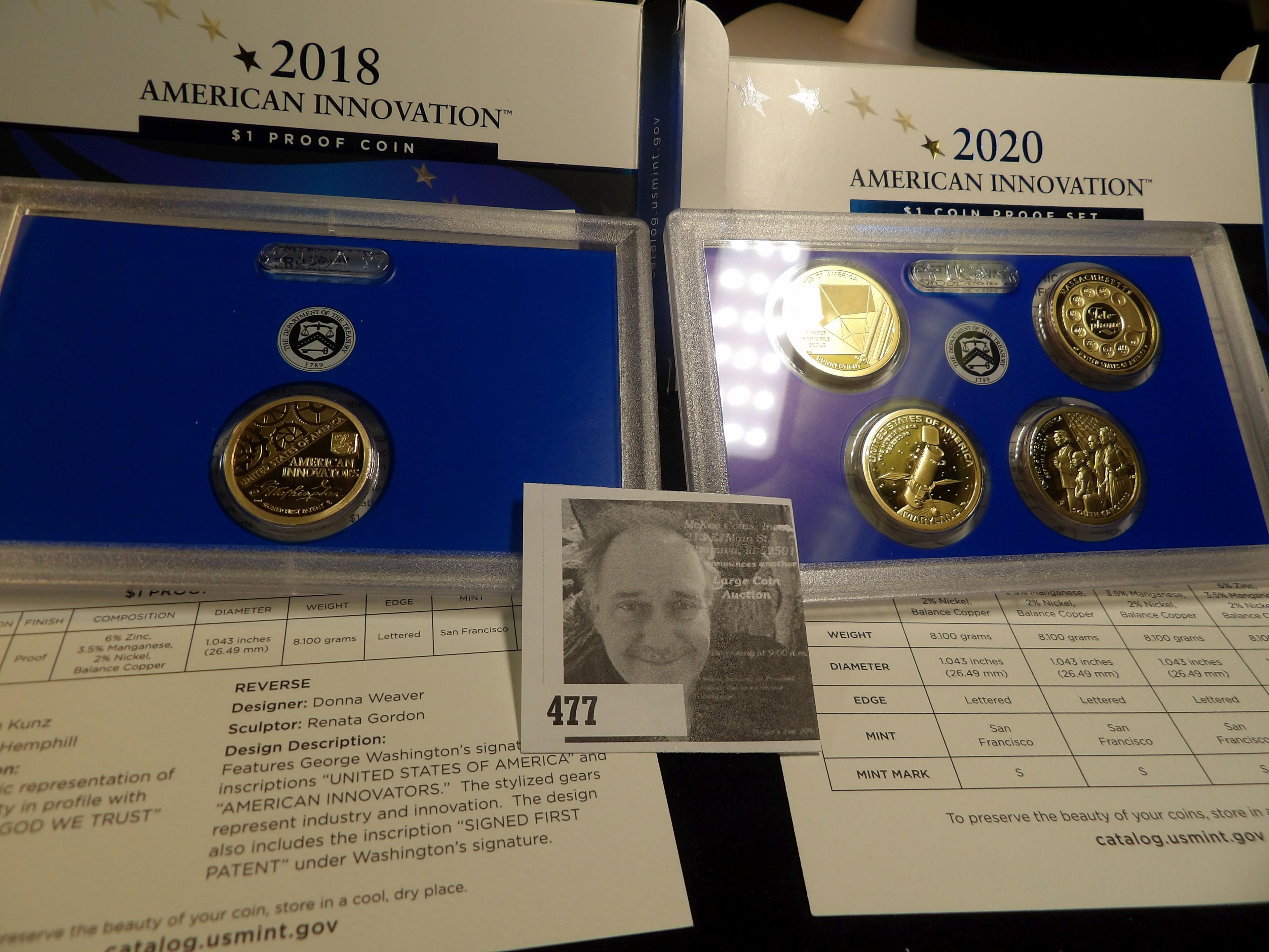 2018 S American Innovation $1 Proof Coin in original packet & 2020 S Connecticut, Massachusetts, Mar