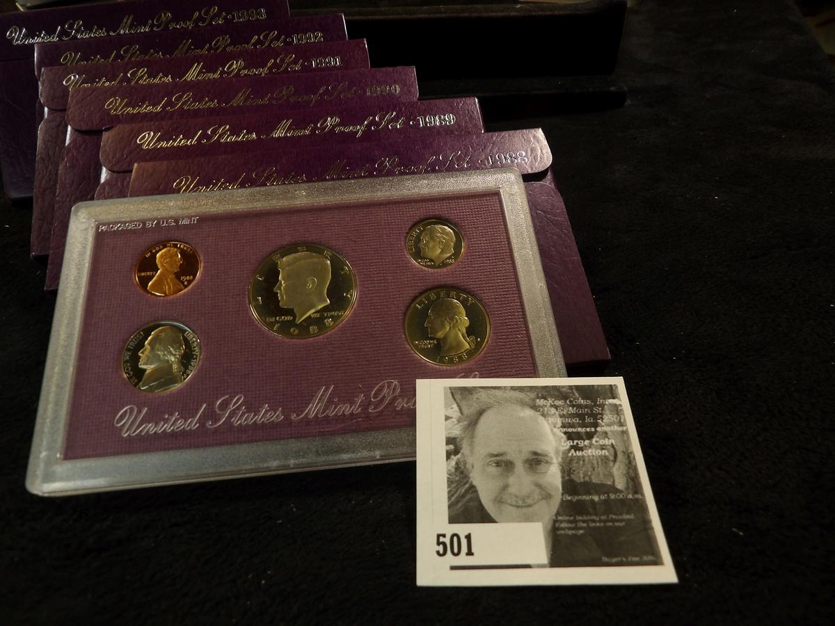 1988 S, 89 S, 90 S, 91 S, 92 S, & 93 S U.S. Proof Sets in their original boxes of issue.