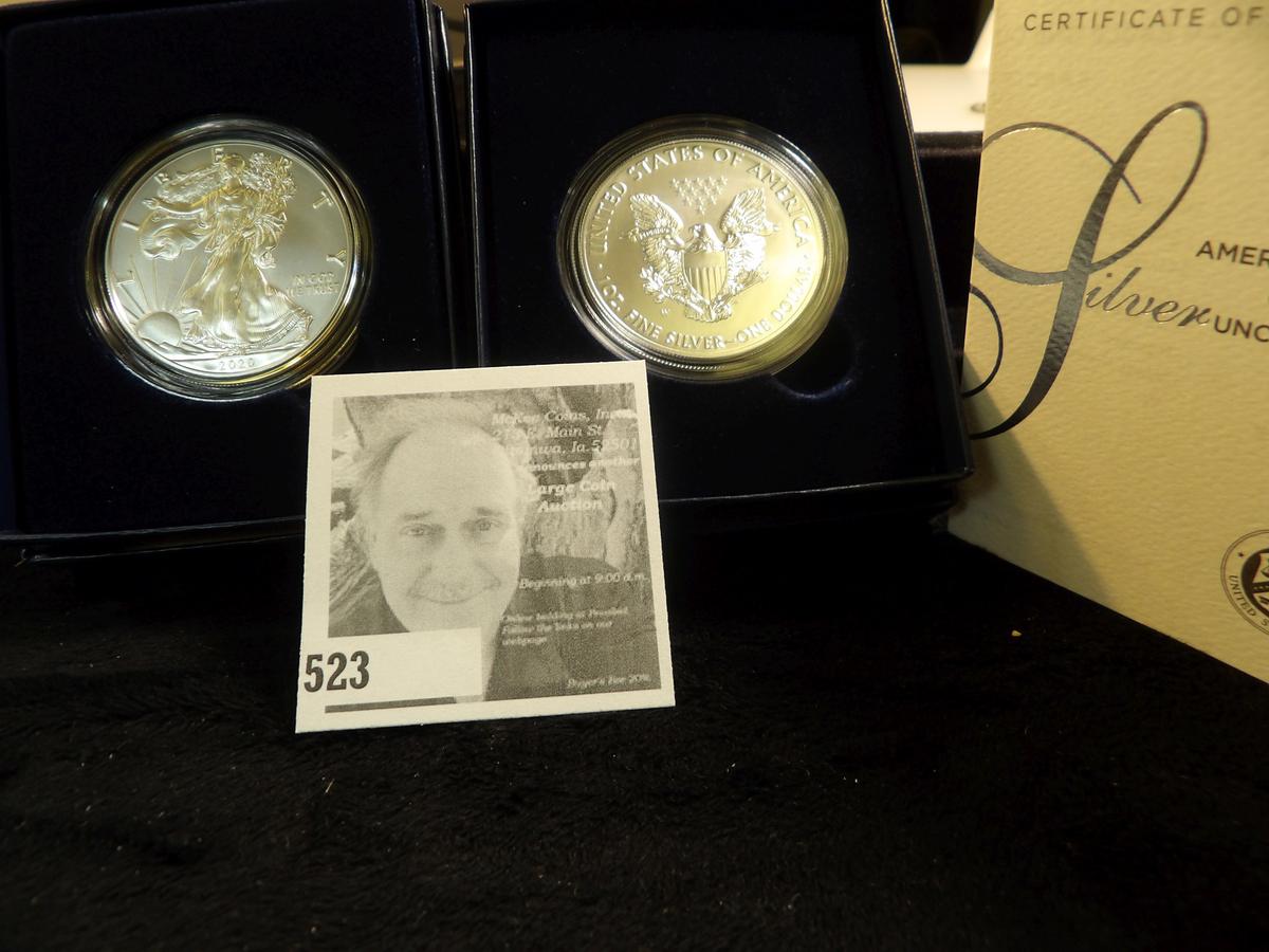 Pair of 2020 W U.S. Uncirculated Silver Eagle Silver Dollars in original boxes of issue with C.O.A.s