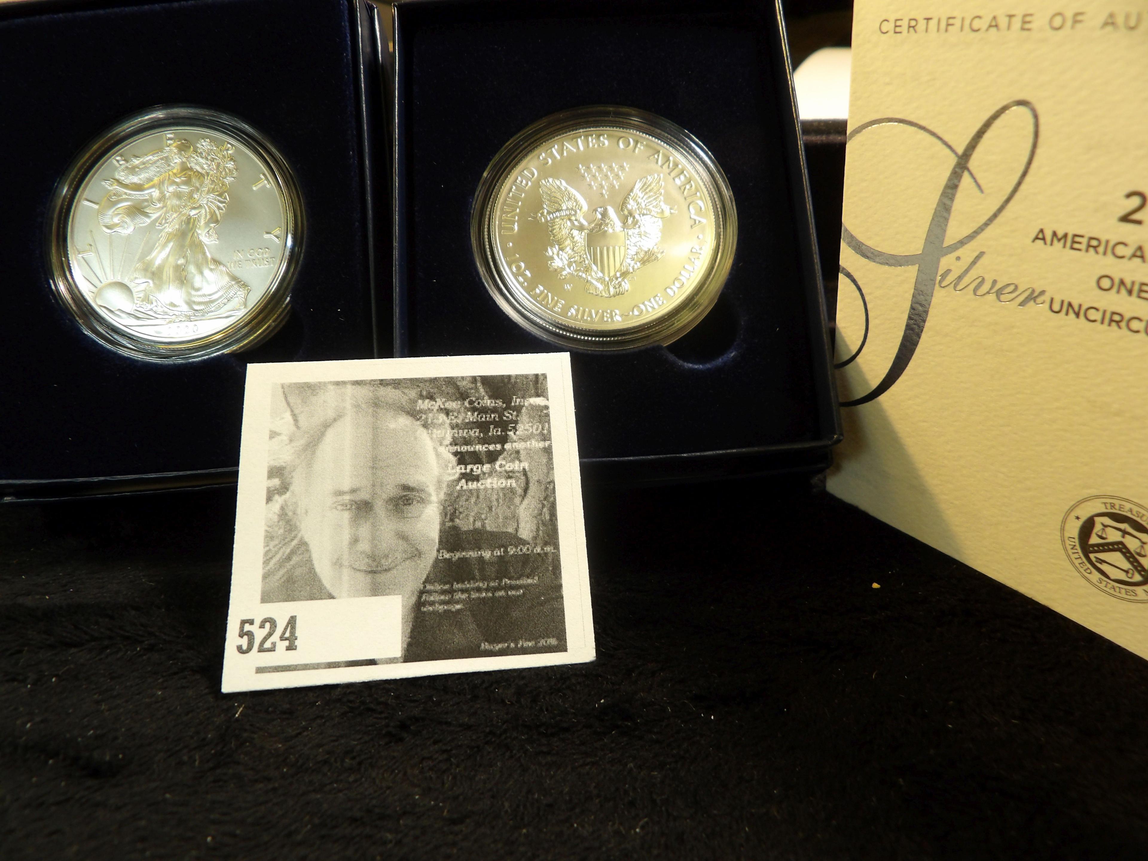 Pair of 2020 W U.S. Uncirculated Silver Eagle Silver Dollars in original boxes of issue with C.O.A.s