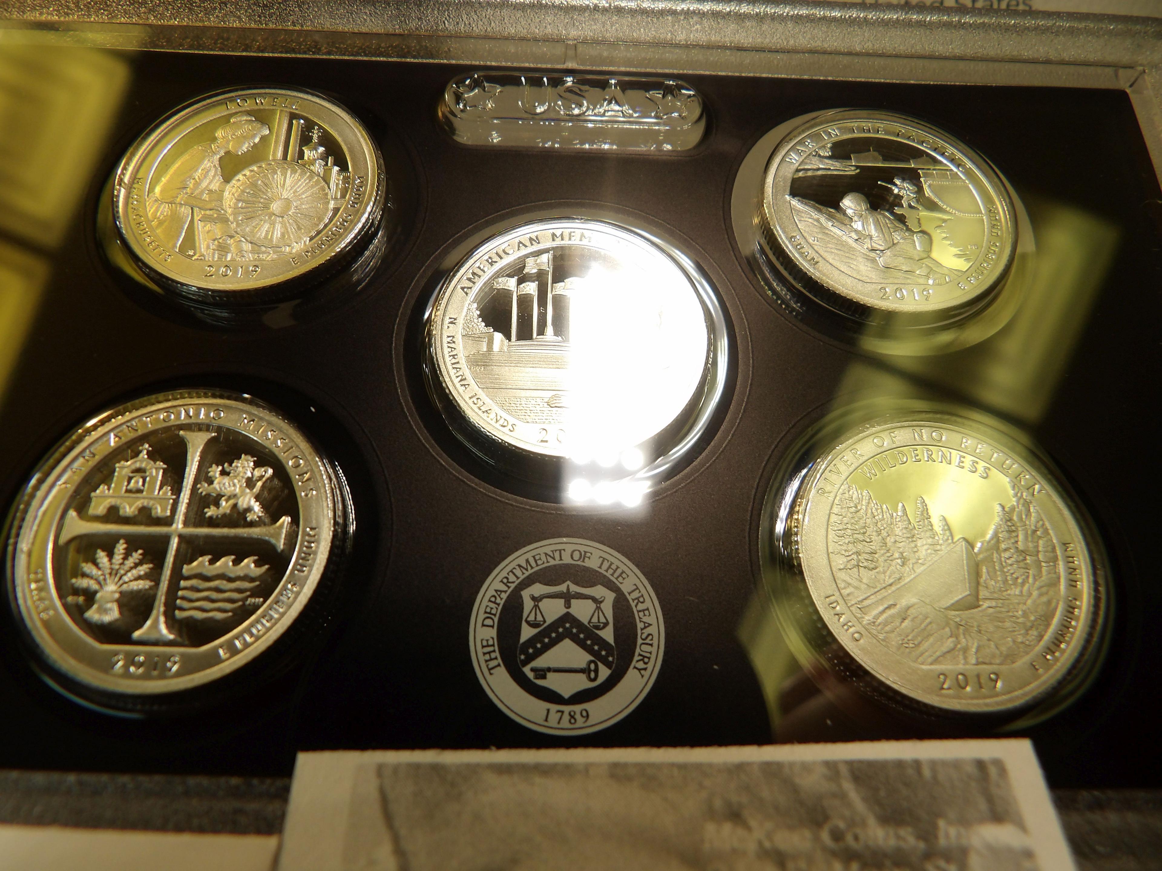 2019 10-piece U.S. Mint Silver Proof Set, plus 2019W Reverse Proof Cent in original box of issue.