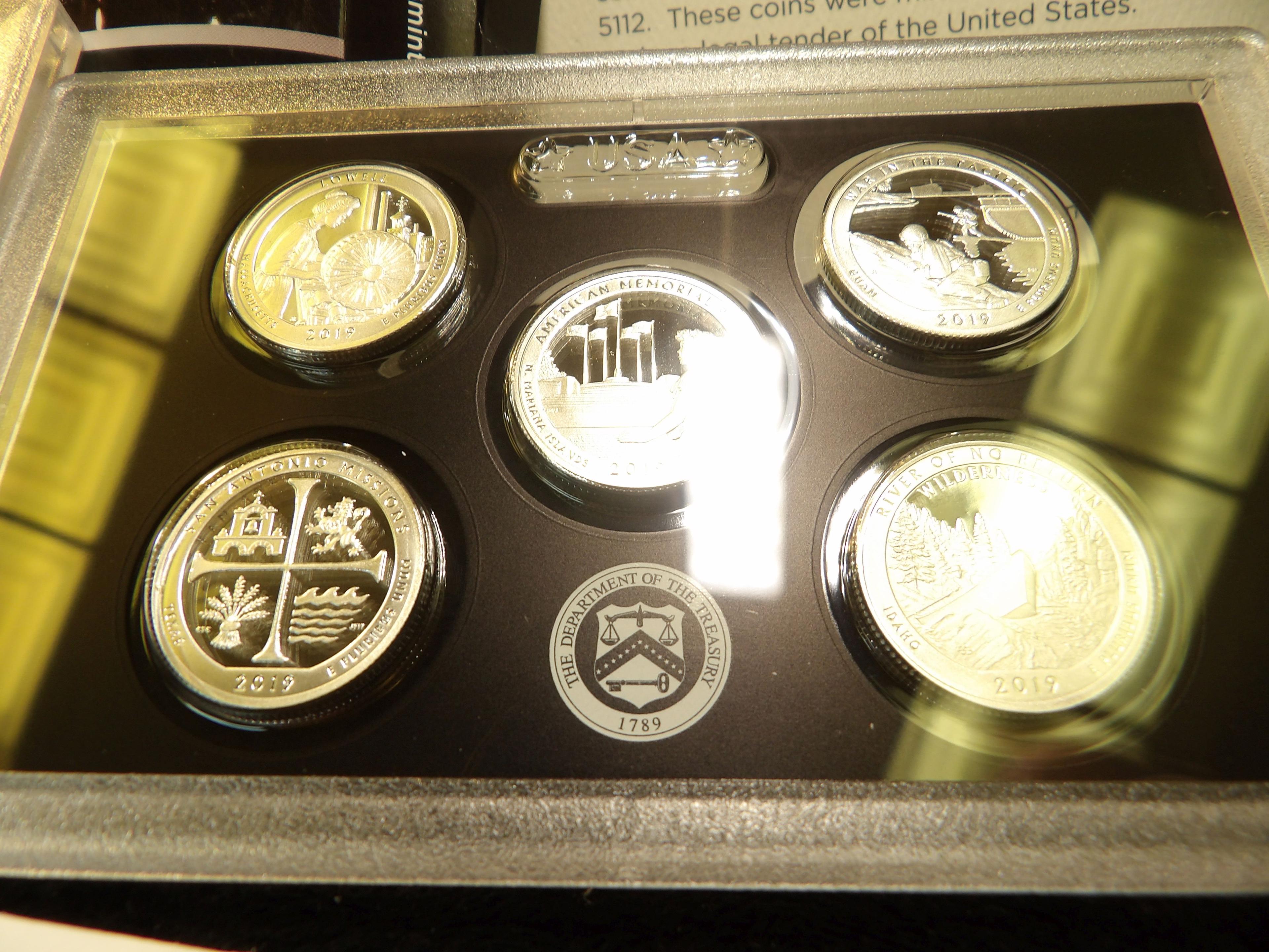 2019 10-piece U.S. Mint Silver Proof Set, plus 2019W Reverse Proof Cent in original box of issue.