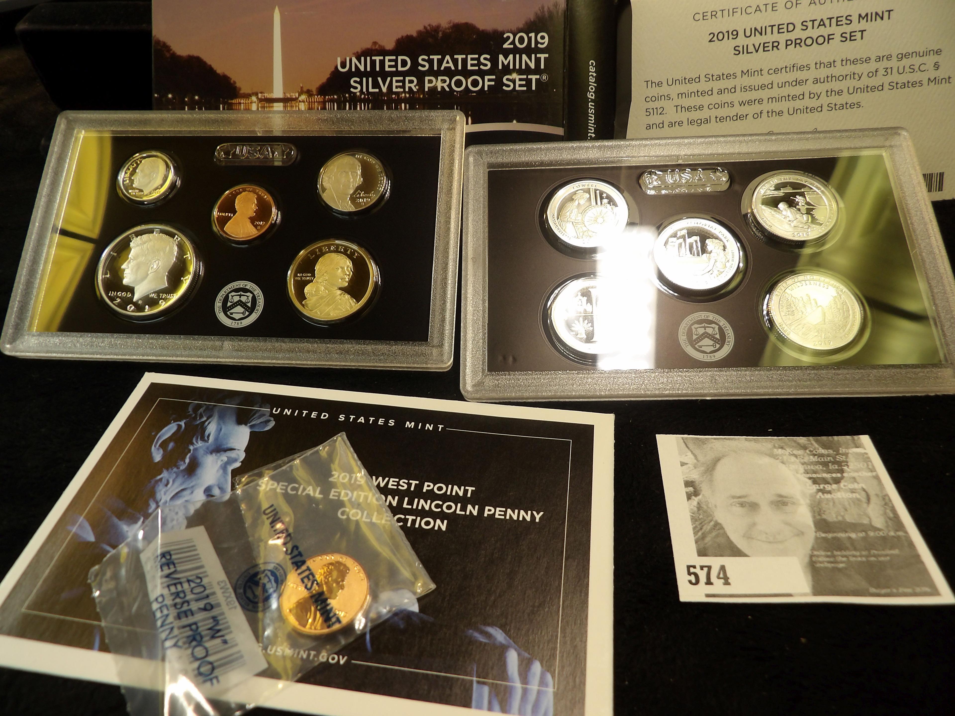 2019 10-piece U.S. Mint Silver Proof Set, plus 2019W Reverse Proof Cent in original box of issue.