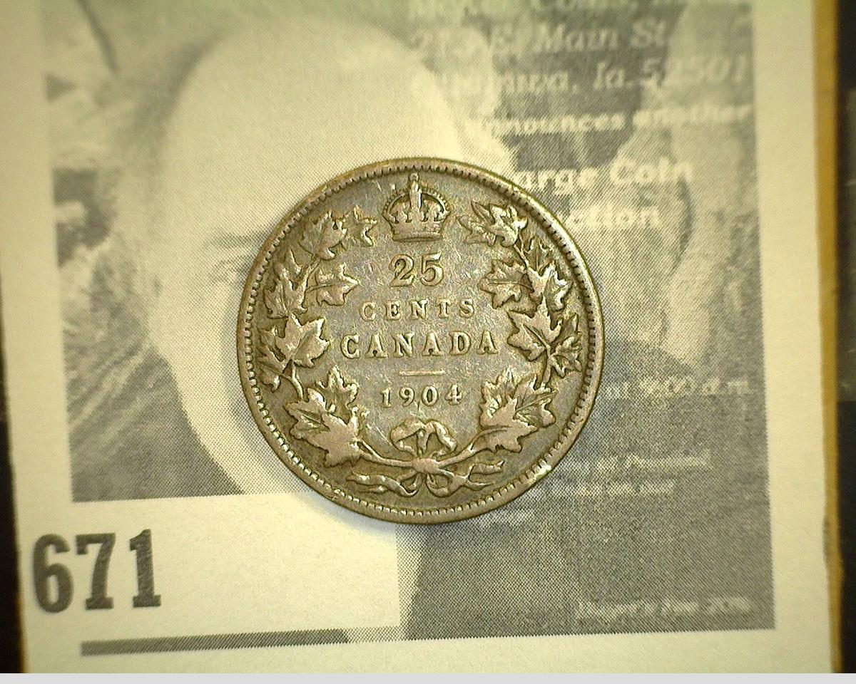 1904 King Edward VII Canada Silver Quarter, Fine.