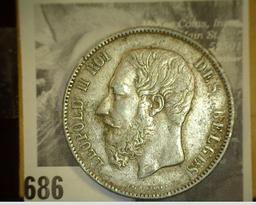 1872 Belgium Silver Five Francs, VF.
