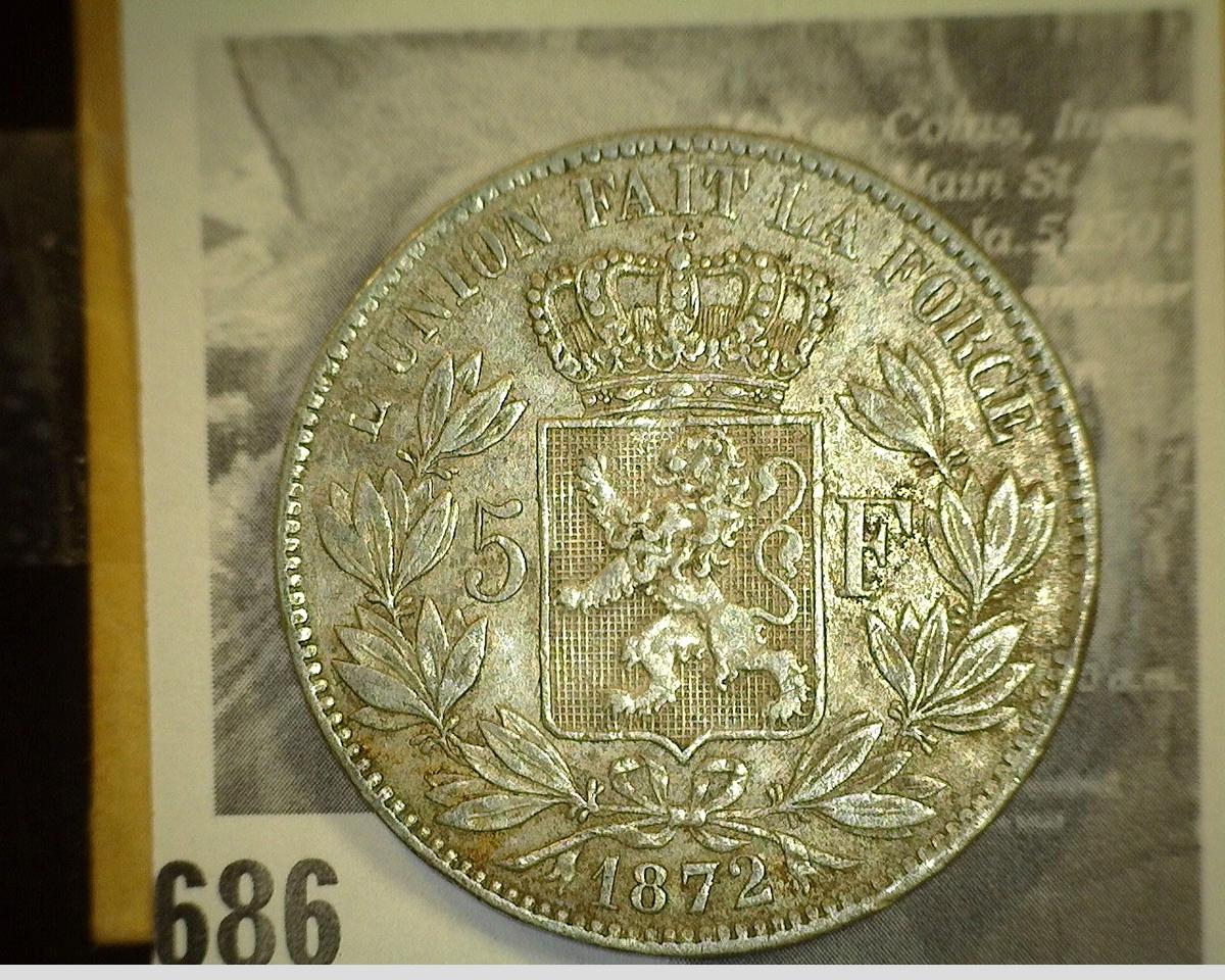 1872 Belgium Silver Five Francs, VF.