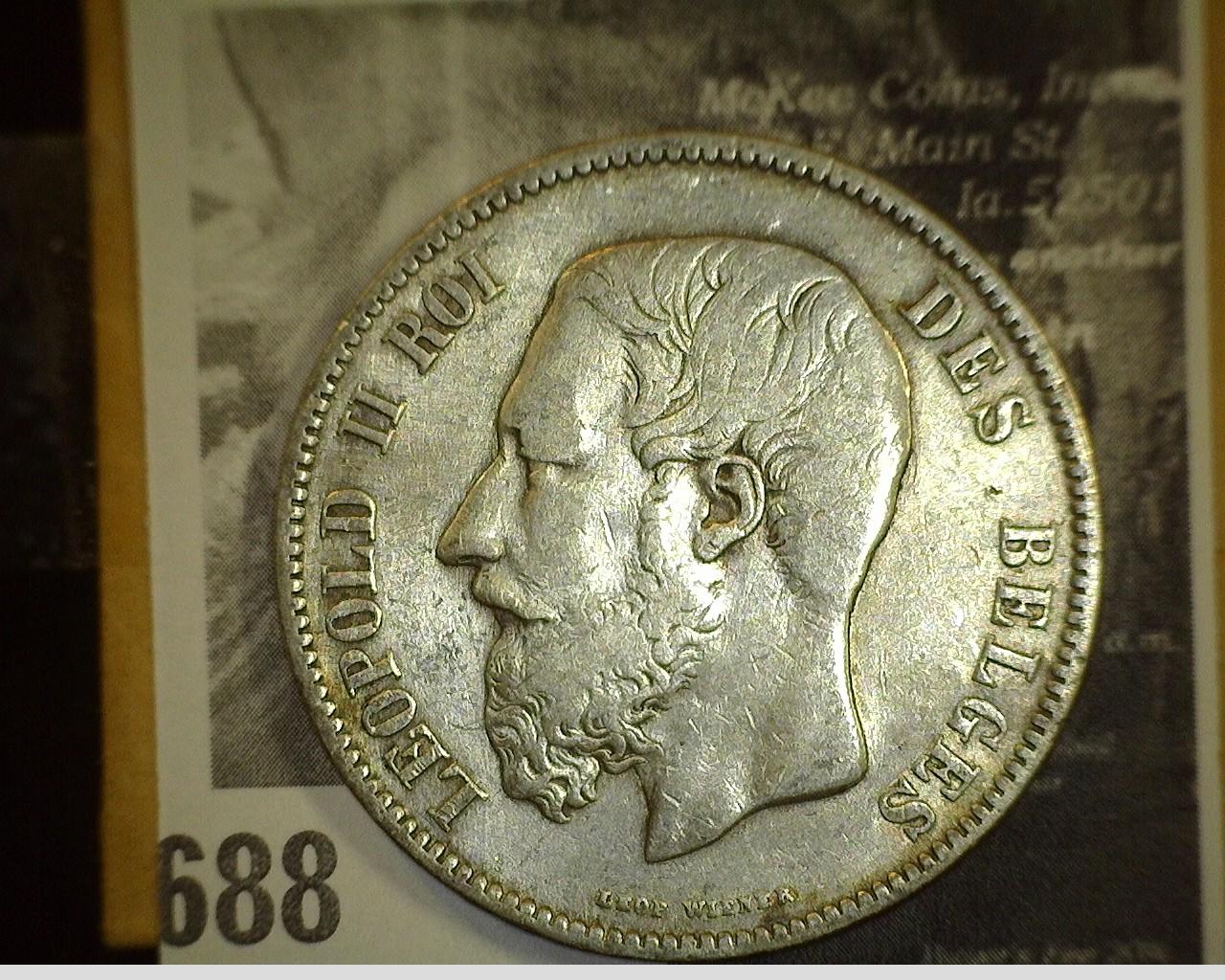 1869 Belgium Silver Five Francs, VF.