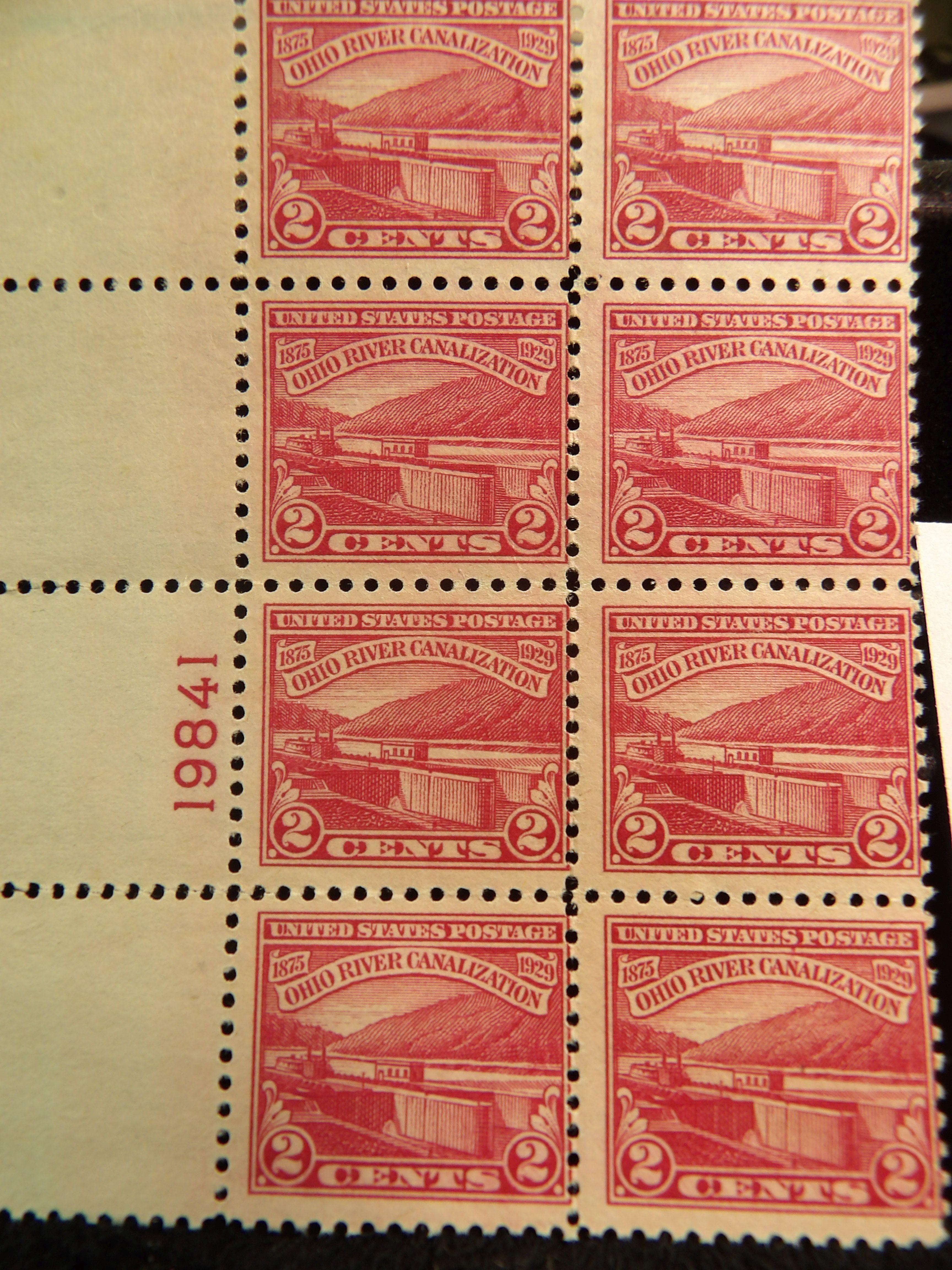 Eight Stamp Plateblock of Two Cent Ohio River Canalization Stamps, Scott #681. NG.