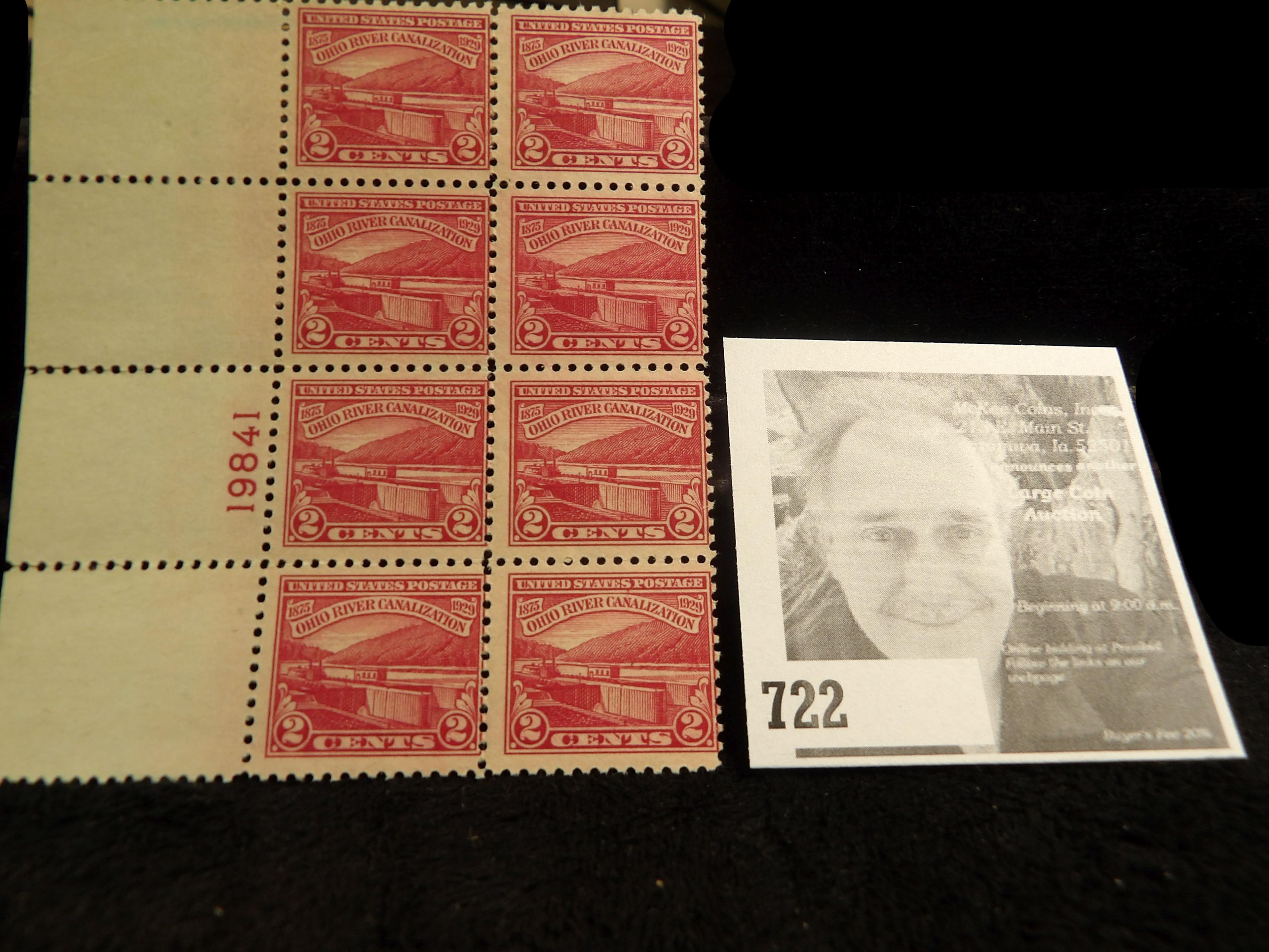 Eight Stamp Plateblock of Two Cent Ohio River Canalization Stamps, Scott #681. NG.