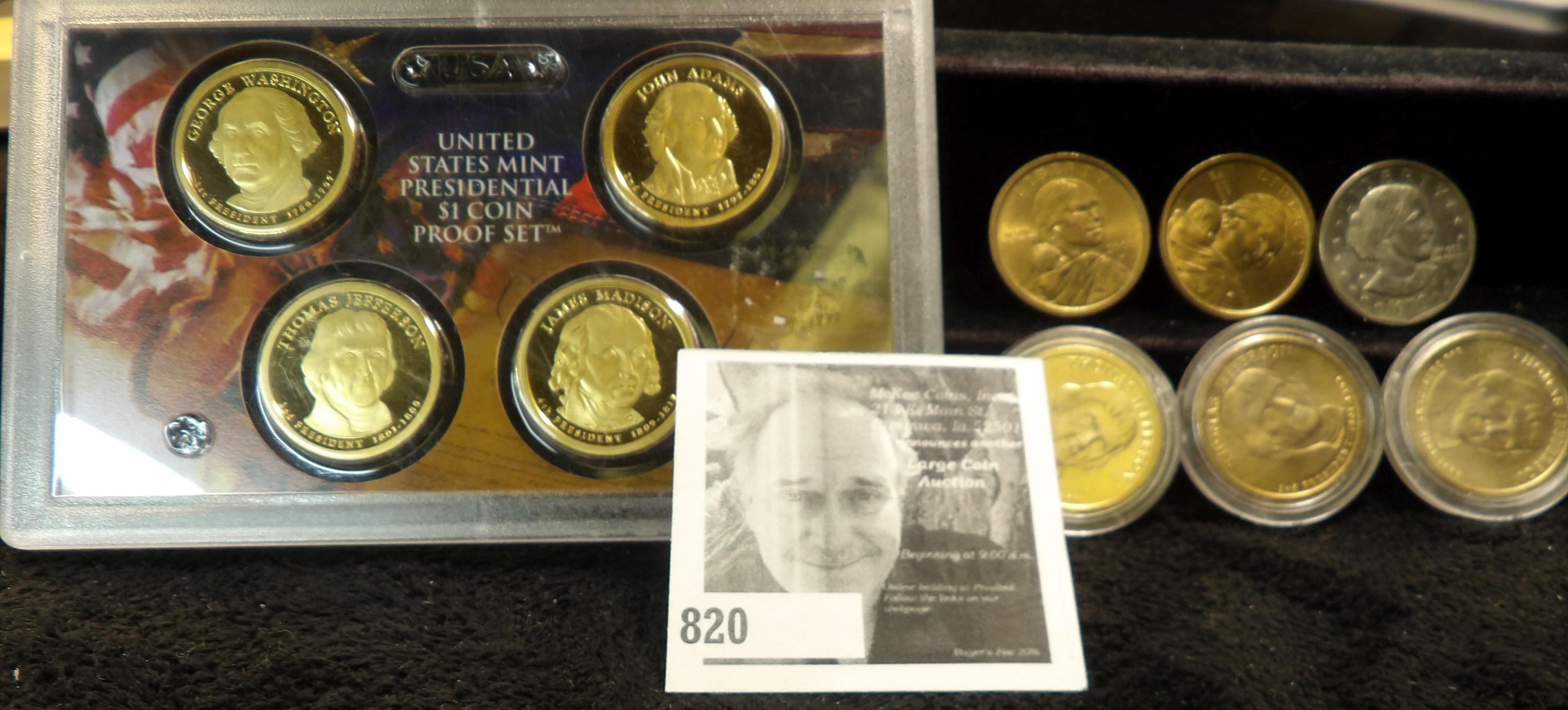 2007 S Presidential Dollar Four-piece Proof Set in plastic case & (6) more U.S. Dollar Coins, loose.