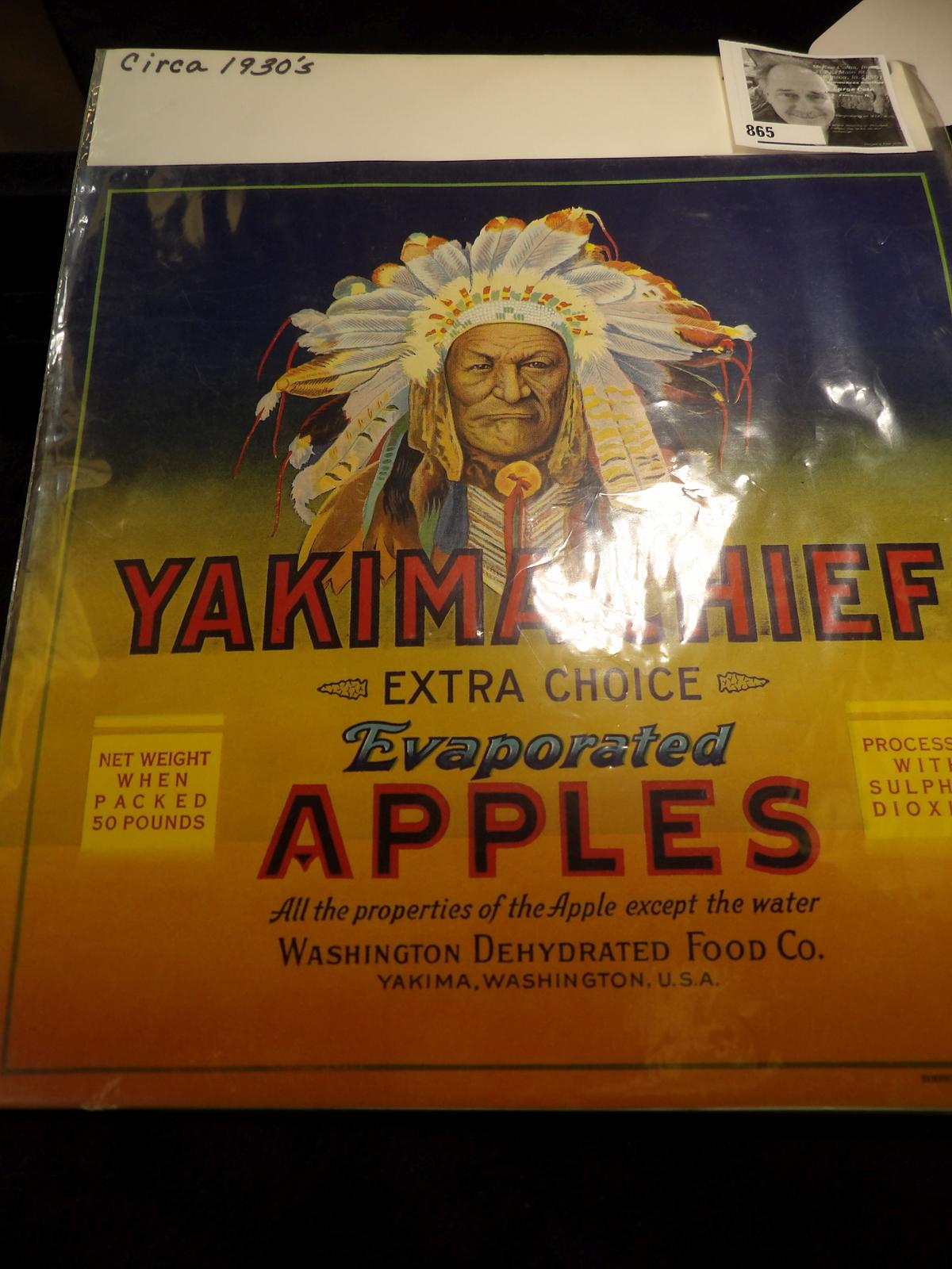 Circa 1930's Mint State Crate label for "Yakima Chief Extra Choice Evaporated Apples All the Propert