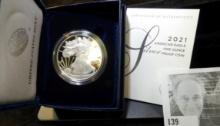 2021 W American Eagle One Ounce Silver Proof Dollar in original box as issued.