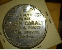 FARM SERVICE/QUALITY/PRODUCTS; GOOD FOR/$1.00/UNTIL JULY 1-1959/ON ONE/SILVER COBALT/"LOCKED-IN POWE