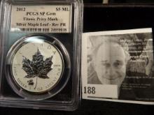 2012 slabbed PCGS SP Gem $5 ML Titanic Privy Mark Silver Maple Leaf - Rev PR (One ounce .999 fine si