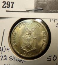 1944 S US/Phillipines 50 centavos, AU+ - .7% silver .2411 oz