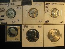 1940D, 1946 D BU,1968S Proof Jefferson Nickels1979 S Proof Quarter & 1971P & 1909P Kennedy Half Doll