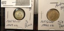 1943 D Australia 3 Pence - AU, .925 silver & 1942 D Australia Sixpence AU, .925 silver