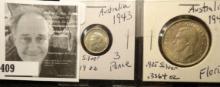 1943 Australia 3 Pence - AU, .925 silver & 1943 Australia Florin .925 Silver - .3364 oz