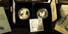 Pair of 2019 S U.S. Proof Silver Eagle Silver Dollars in original boxes of issue with C.O.A.s.