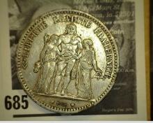1873 A Republic of France Third Republic Silver Five Francs depicting Hercules surrounded by Hand Ma