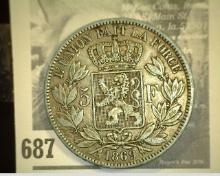 1869 Belgium Silver Five Francs, VF.