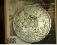 1869 Belgium Silver Five Francs, VF.