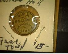 M. & K./BILLIARDS/NORTH ENGLISH, IOWA; GOOD FOR/ 2 1/2c/IN TRADE, rd., br., 20mm.