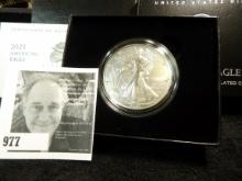 2021 W Uncirculated One Ounce .999 Fine Silver Dollar, in original box of issue.