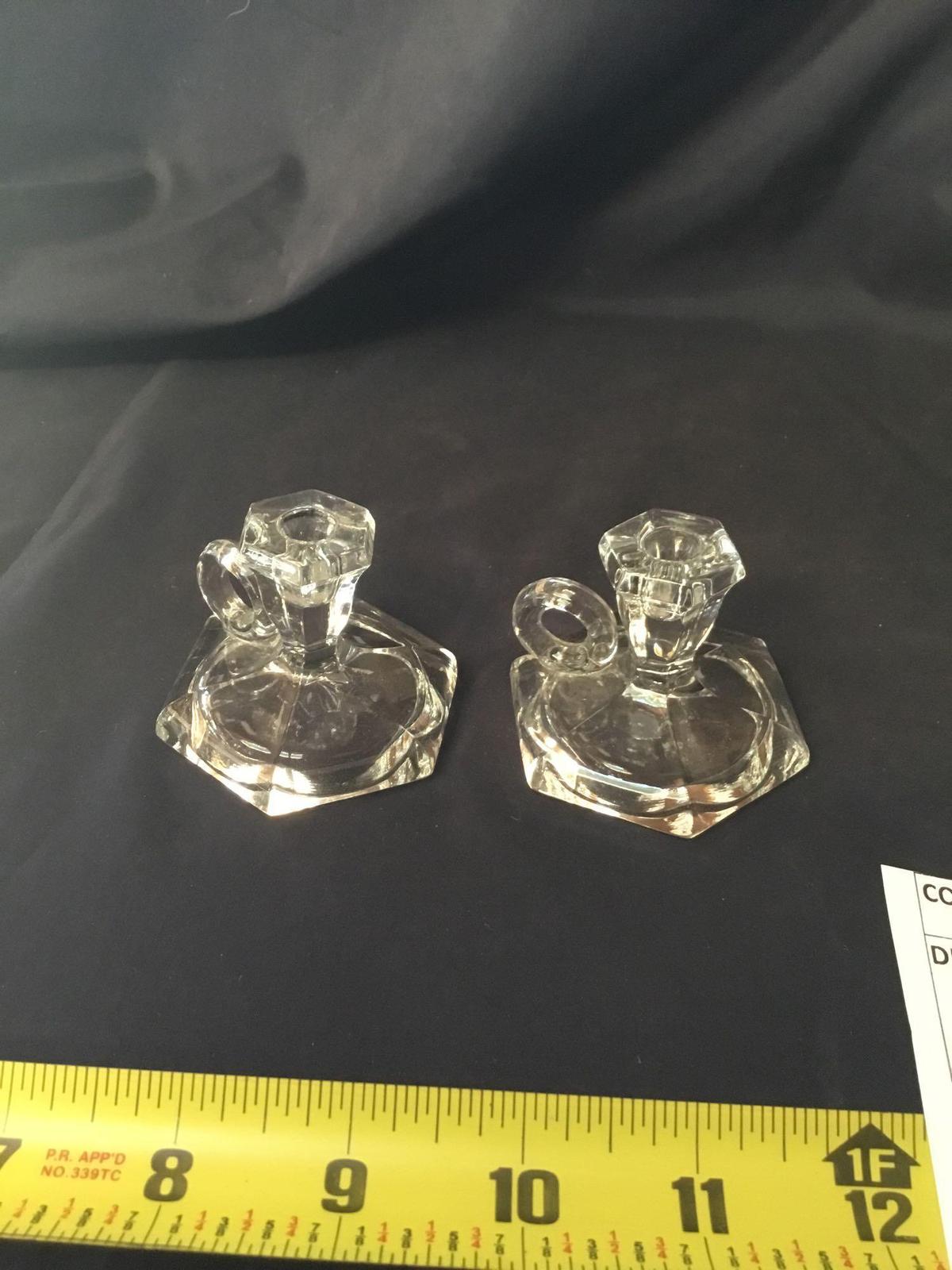 Vintage pair of heisey miniature candlestick holders marked