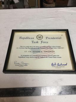 signed framed document by President Reagan