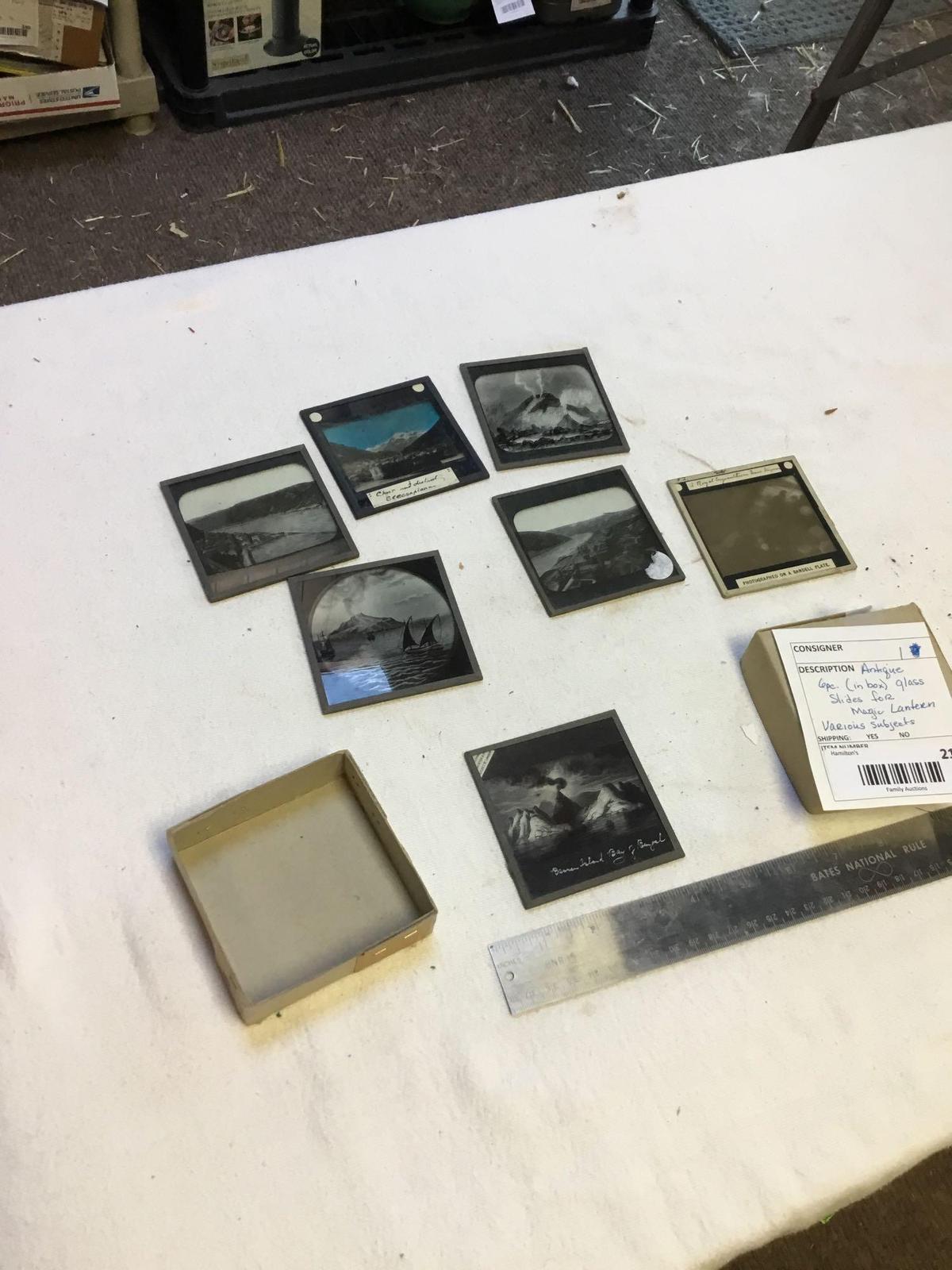 antique six piece inbox glass slides for magic lantern various subjects