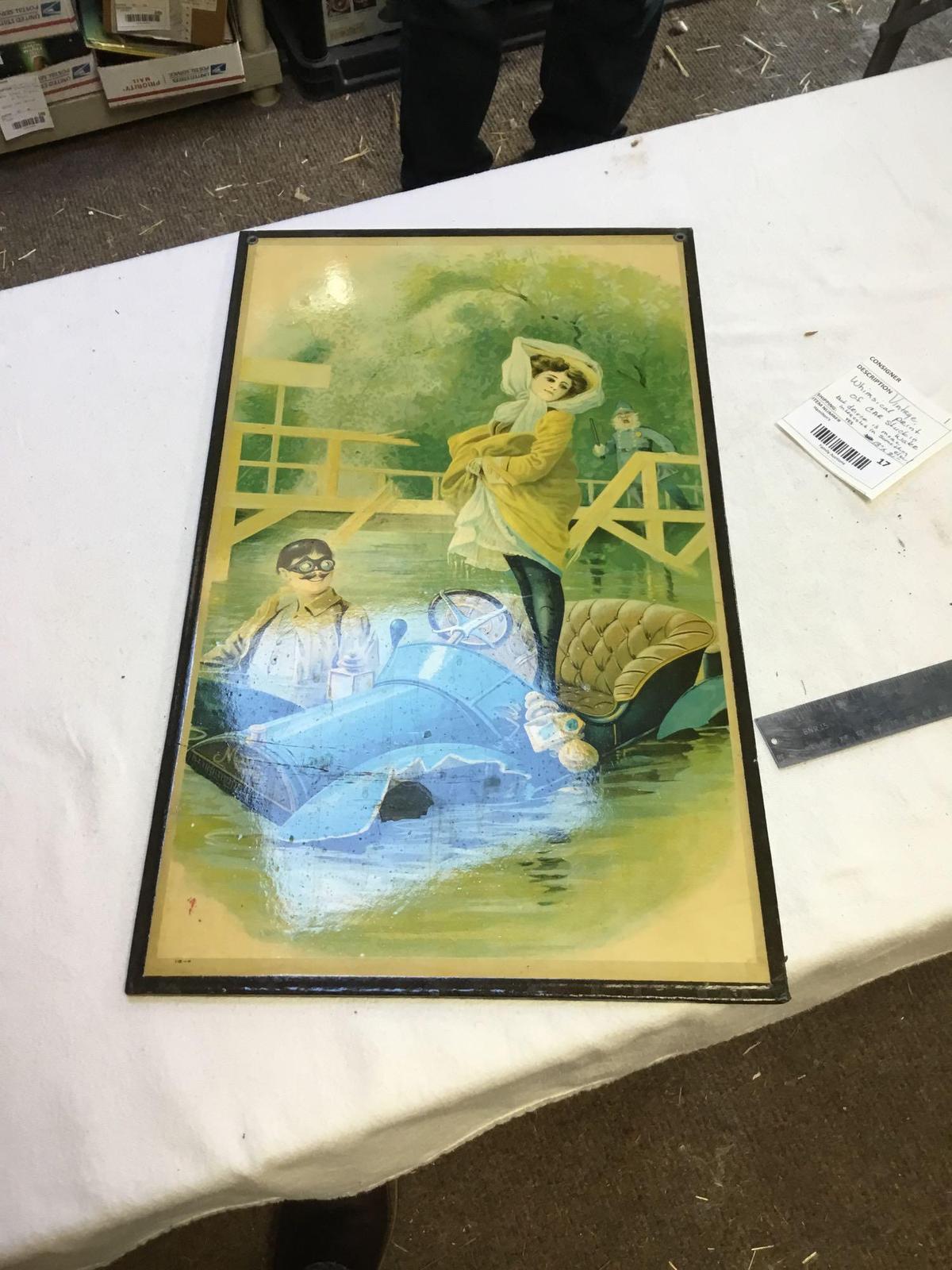 vintage whimsical print of car stuck in water