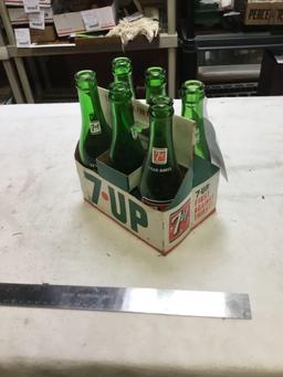 vintage, six piece glass, 7-Up, bottles, and cardboard holder