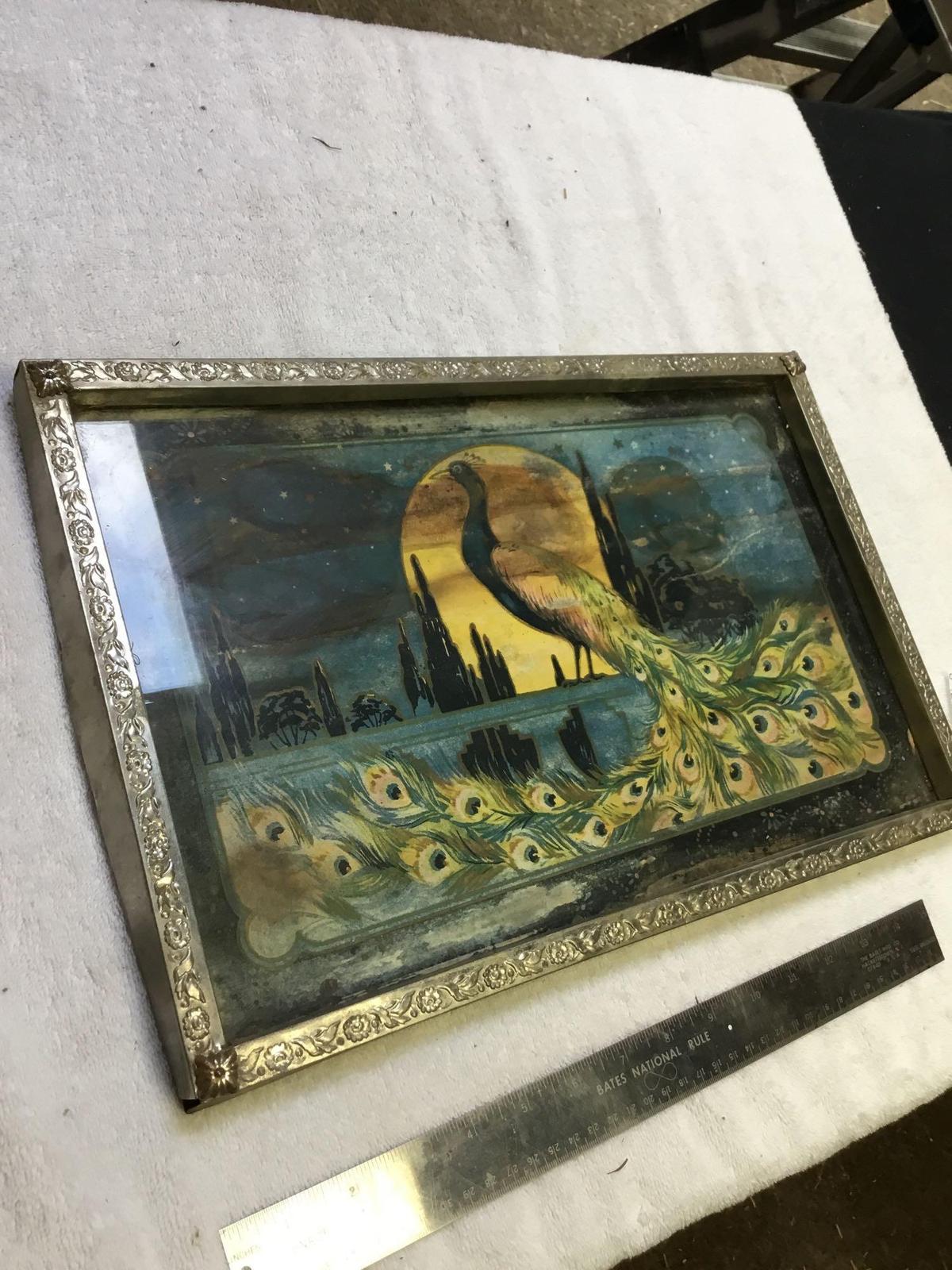 antique metal framed serving tray with peacock, motif handpainted