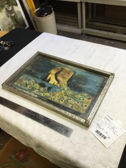 antique metal framed serving tray with peacock, motif handpainted