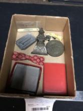 box of collectibles to include belt buckle 1800s, bill clip, etc.