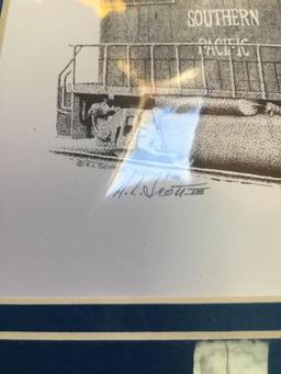 vintage, signed railroad pencil, drawing print by famous artist LH Scott
