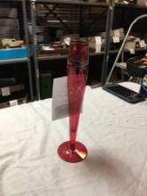 etched, cranberry glass, bud vase