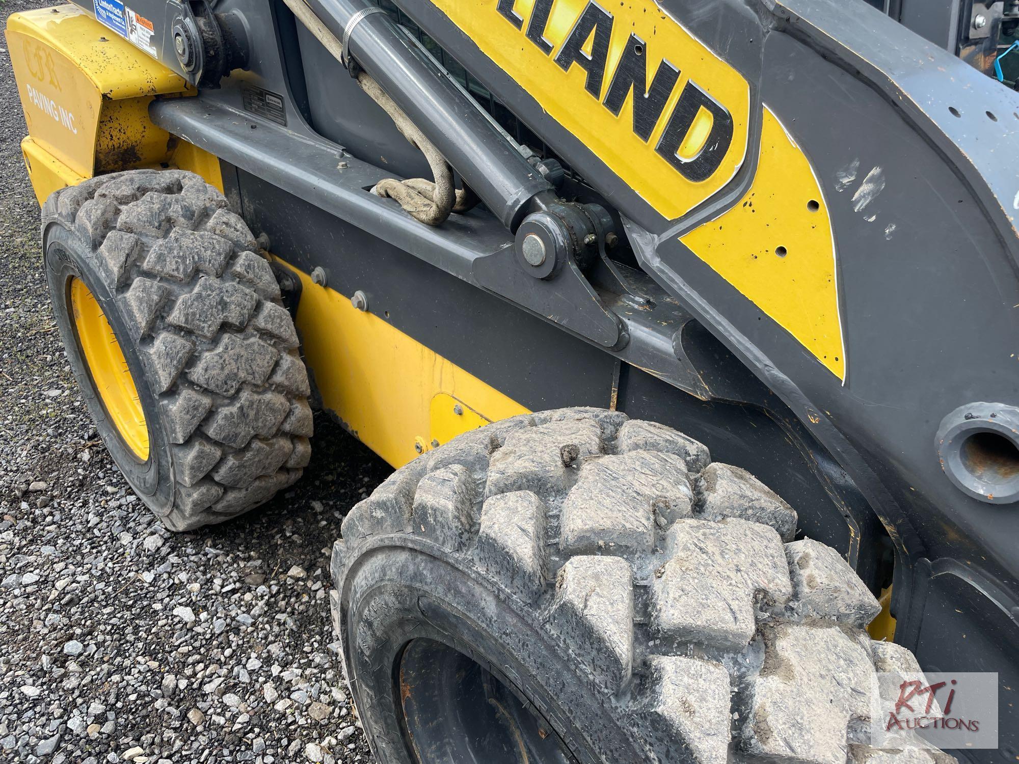 2013 New Holland L225 skid loader, GP bucket, cab (missing door) power wedges, heat, AC, hand and