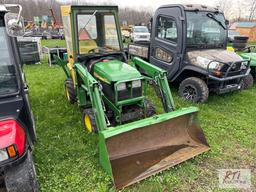 John Deere 2210 4WD compact diesel tractor with loader, backhoe, cab, 1333 hrs