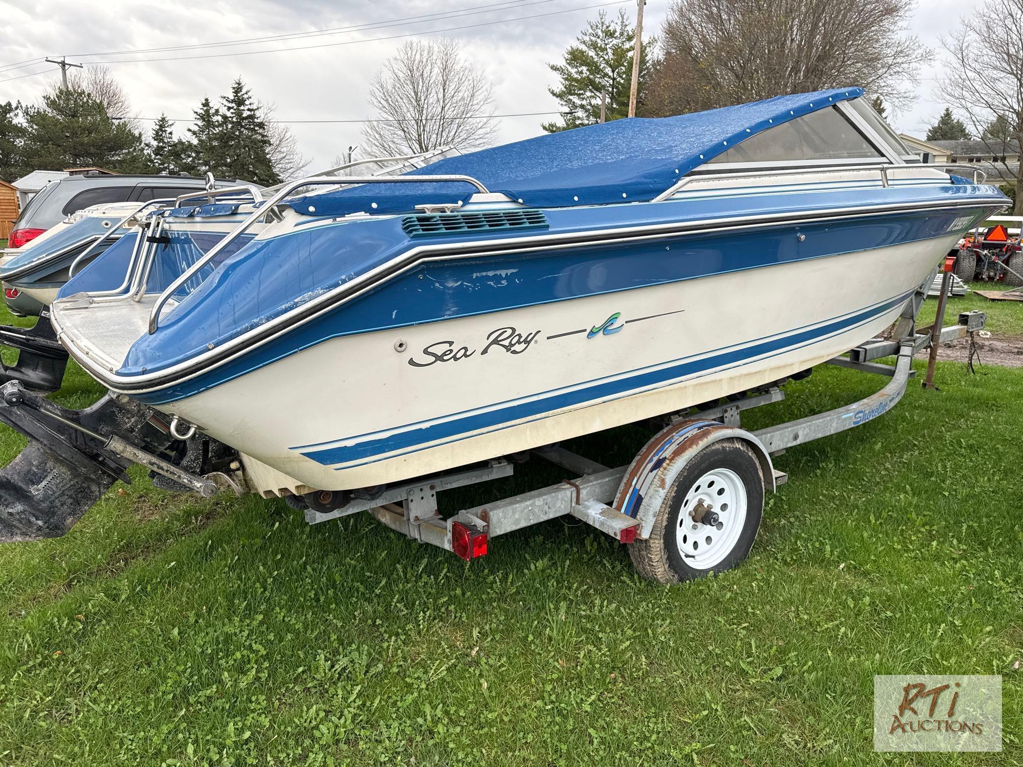 1987 Sea Ray 21ft boat with inboard motor, cover, VIN:SERC1840A787 on 2020 homemade galvanized