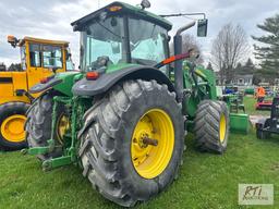 John Deere 7830 MFWD tractor with cab, loader with grapple, 710/70 R38 rear tires, 3 remotes,