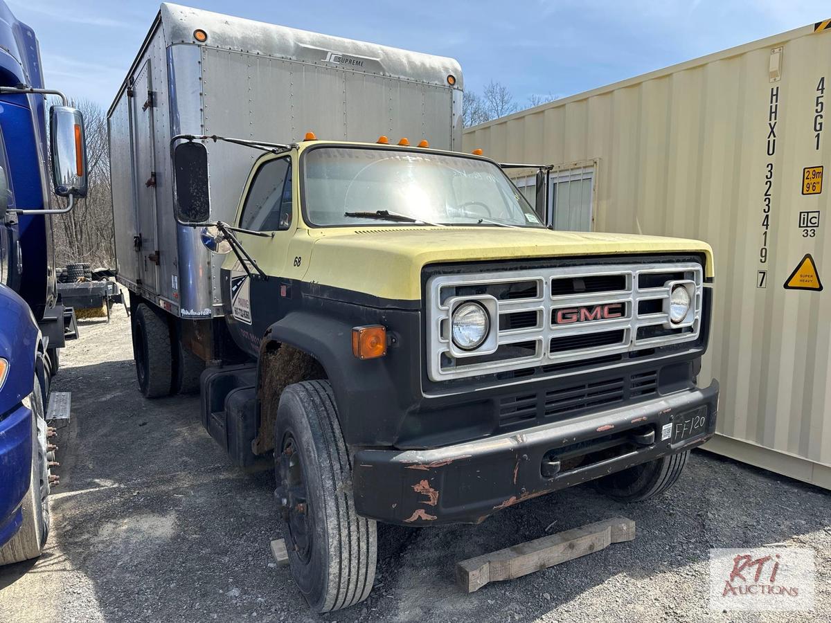 1987 GMC 16ft van body truck, runs with jump, no brakes, VIN:1GDL7D1EXHV541268