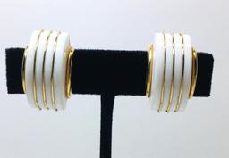 TRIFARI Clip Earrings - Gold Metal & White Banded Art Deco Style