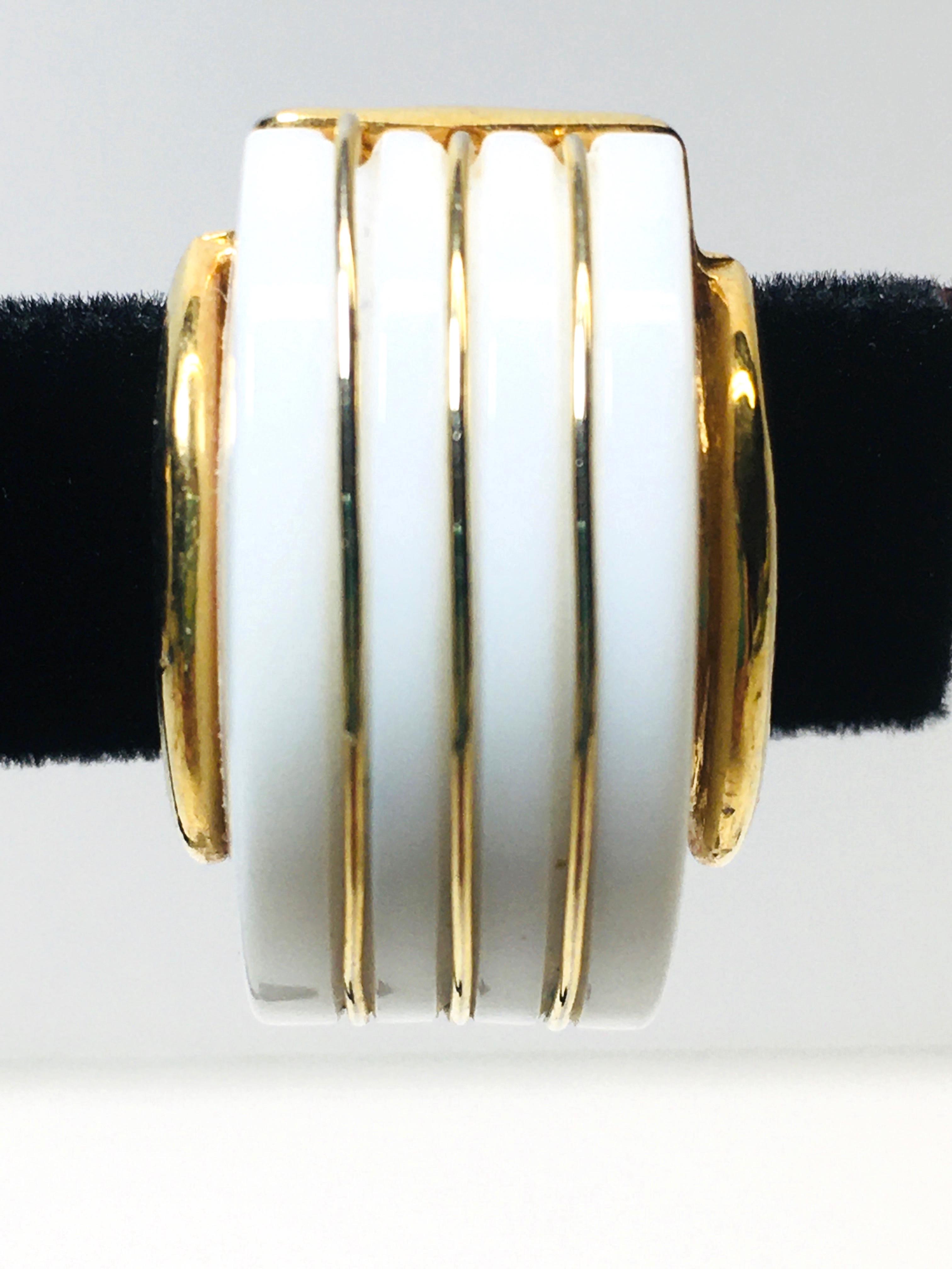TRIFARI Clip Earrings - Gold Metal & White Banded Art Deco Style
